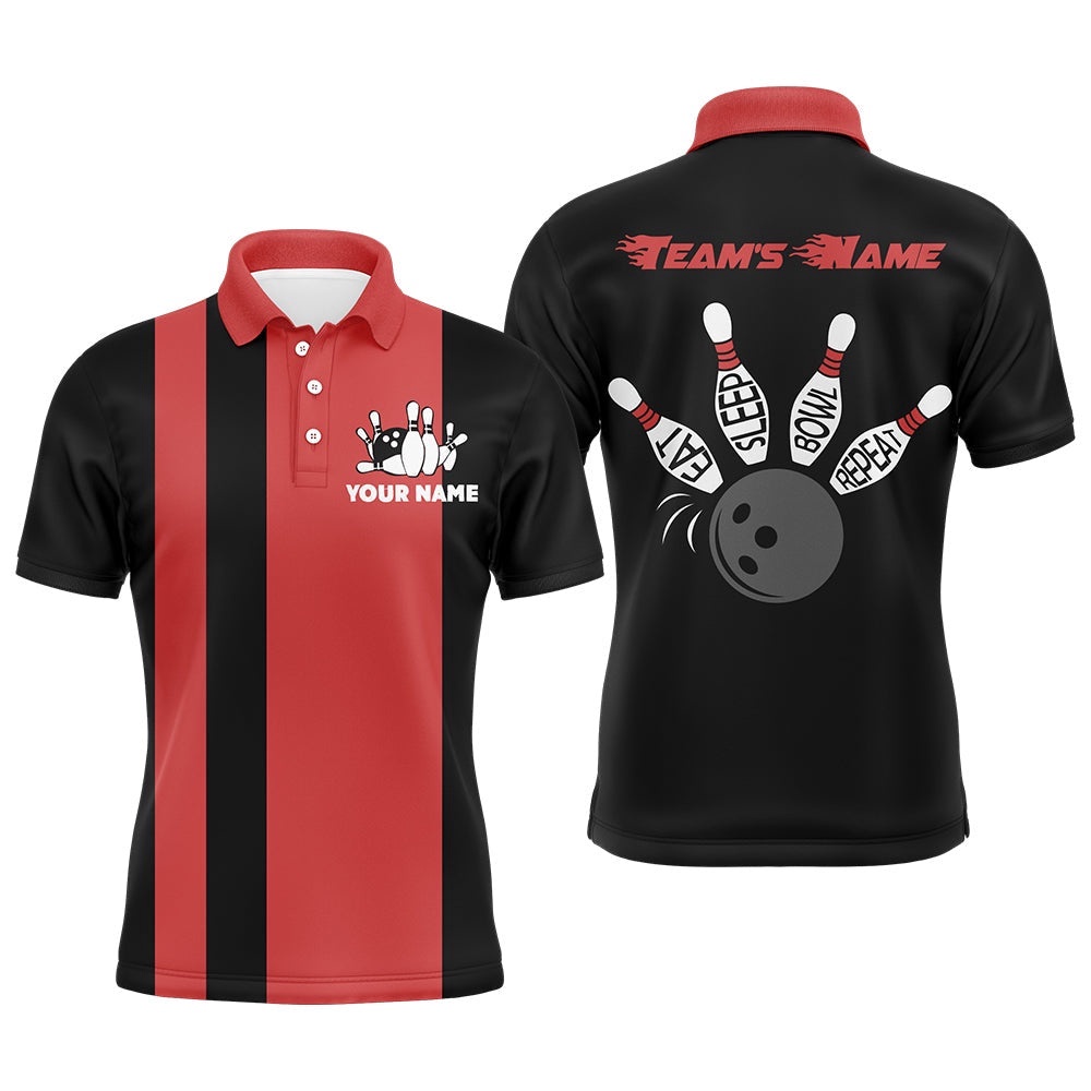 Custom Bowling Shirt For Men, Vintage Red&Black Bowling Polo Polo Shirt For Team Eat Sleep Bowl Repeat, Personalized Bowling Team Shirt