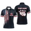 Custom Bowling Shirts For Men American Flag Patriotic Bowling Ball & Pins White Mens Polo Shirts, Personalized Bowling Team Shirt