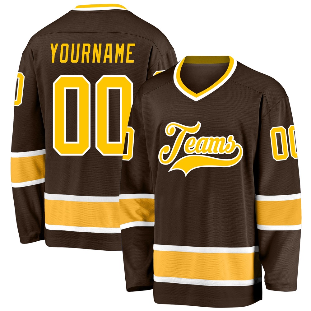 Custom Brown Gold White Hockey Jersey, New Hockey Jersey, Personali Sport Team Jersey Shirt Custom Brown Gold White Hockey Jersey, New Hockey Jersey, Personali Sport Team Jersey Shirt