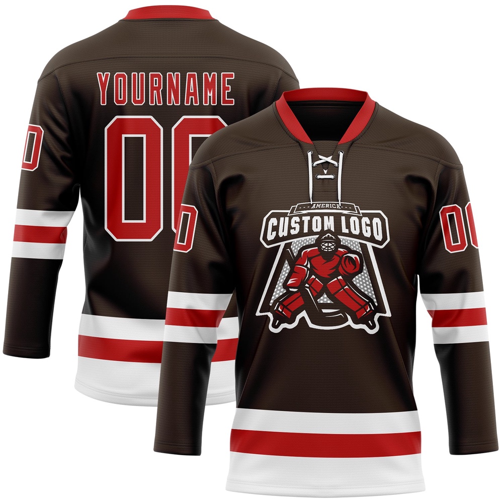 Custom Brown Red White Hockey Lace Neck Jersey, New Hockey Jersey, Personali Sport Team Jersey Shirt