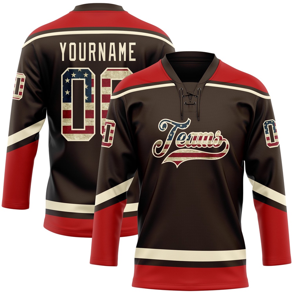 Custom Brown Vintage USA Flag Cream Red Hockey Lace Neck Jersey, New Hockey Jersey, Personali Sport Team Jersey Shirt