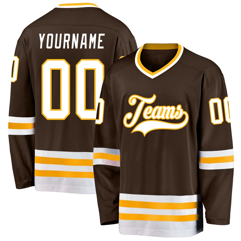Custom Brown White Gold Hockey Jersey, New Hockey Jersey, Personali Sport Team Jersey Shirt Custom Brown White Gold Hockey Jersey, New Hockey Jersey, Personali Sport Team Jersey Shirt