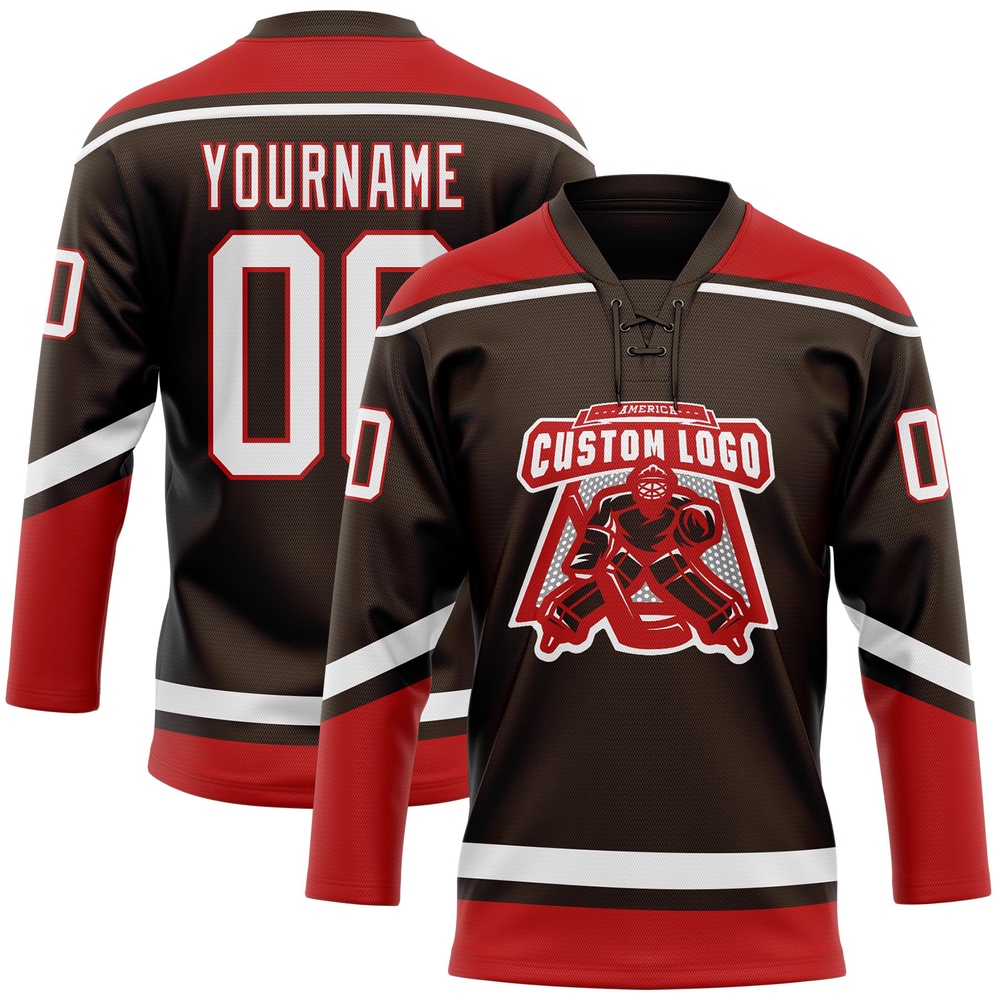 Custom Brown White Red Hockey Lace Neck Jersey, New Hockey Jersey, Personali Sport Team Jersey Shirt