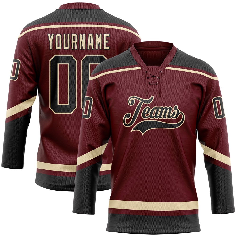 Custom Burgundy Black City Cream Hockey Lace Neck Jersey, New Hockey Jersey, Personali Sport Team Jersey Shirt