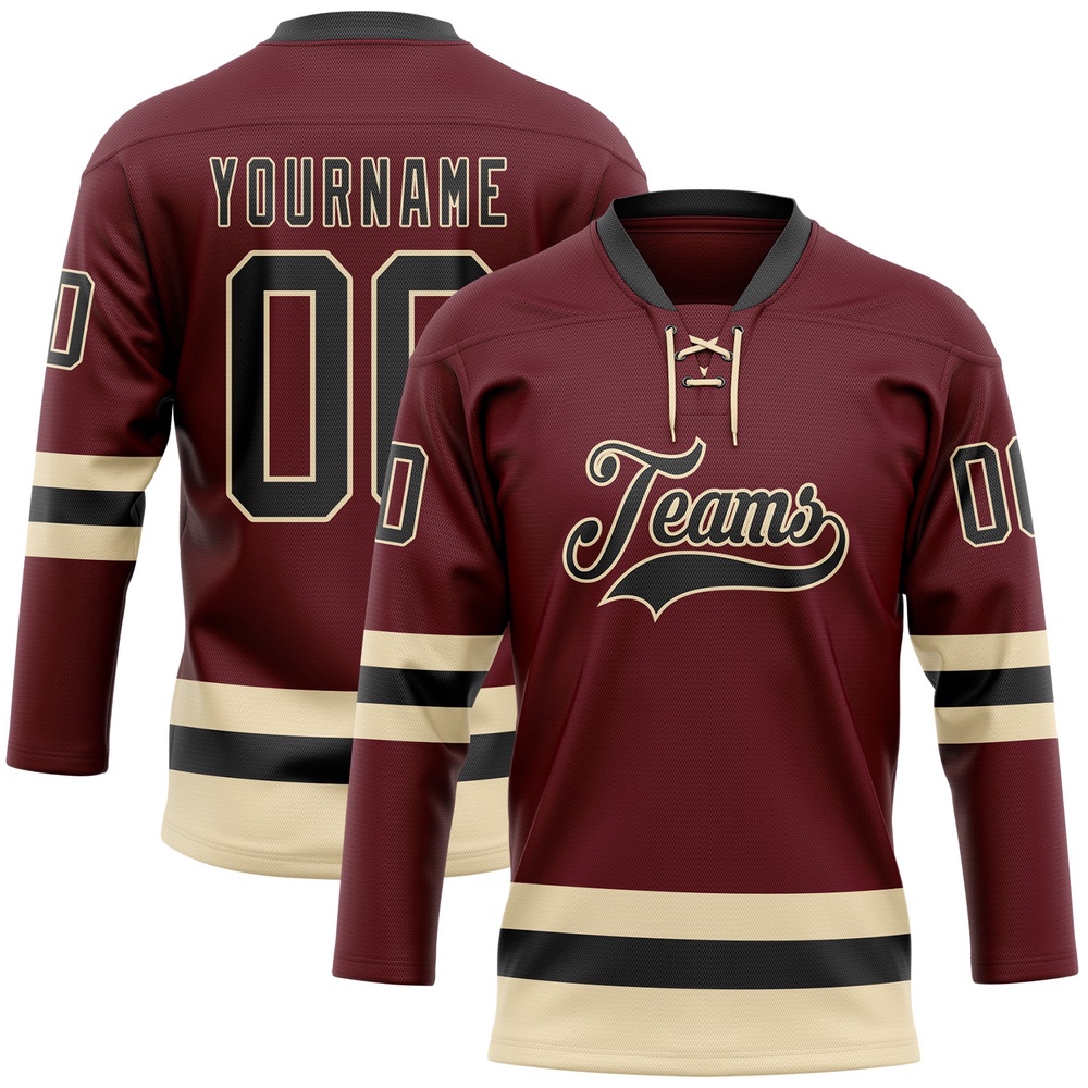 Custom Burgundy Black Cream Hockey Lace Neck Jersey, New Hockey Jersey, Personali Sport Team Jersey Shirt