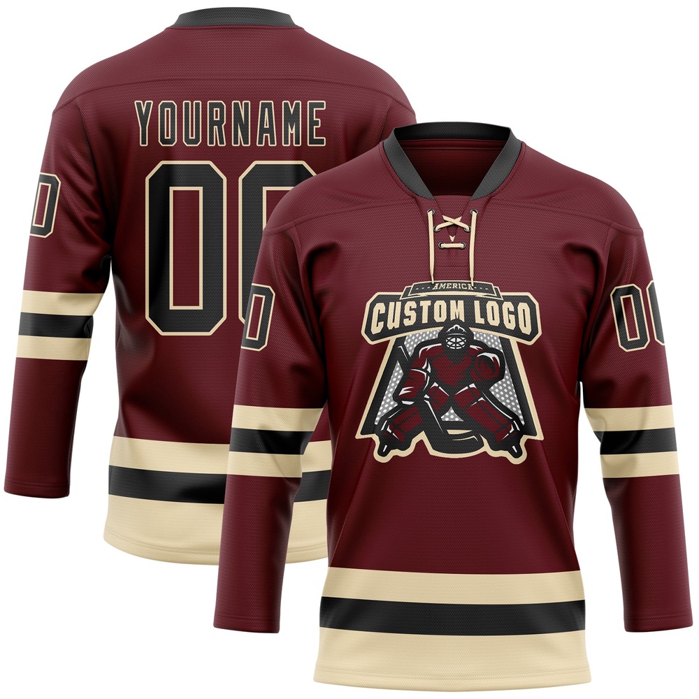Custom Burgundy Black Cream Hockey Lace Neck Jersey, New Hockey Jersey, Personali Sport Team Jersey Shirt