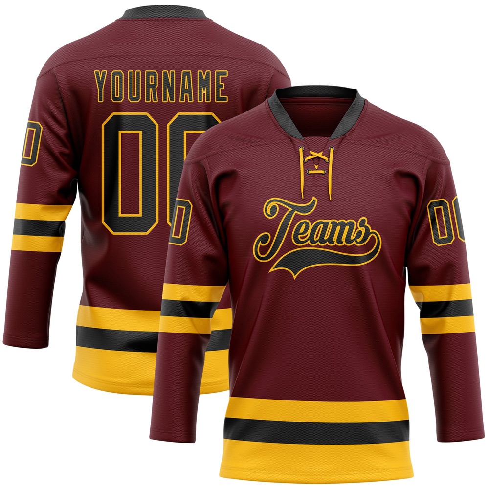 Custom Burgundy Black Gold Hockey Lace Neck Jersey, New Hockey Jersey, Personali Sport Team Jersey Shirt