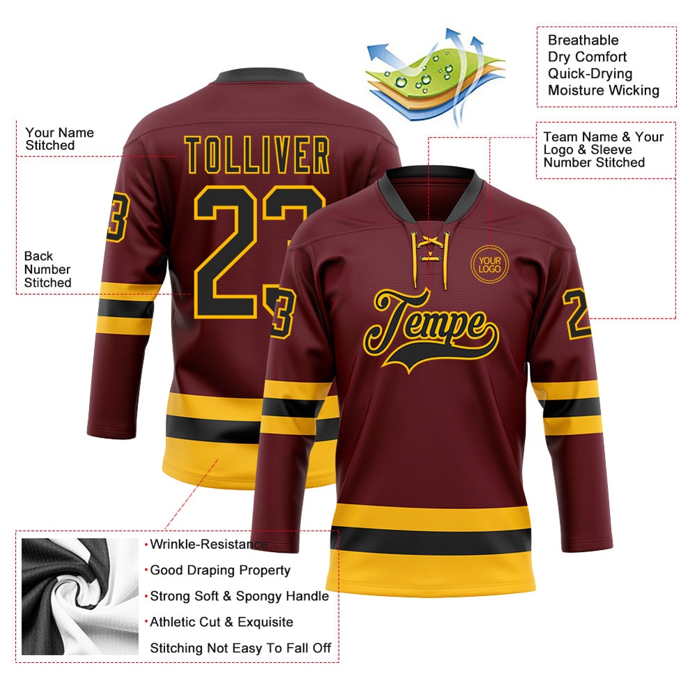 Custom Burgundy Black Gold Hockey Lace Neck Jersey, New Hockey Jersey, Personali Sport Team Jersey Shirt