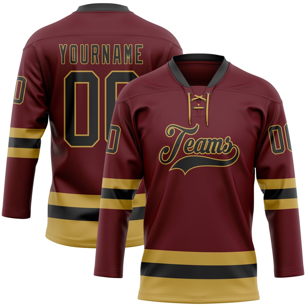 Custom Burgundy Black Old Gold Hockey Lace Neck Jersey, New Hockey Jersey, Personali Sport Team Jersey Shirt