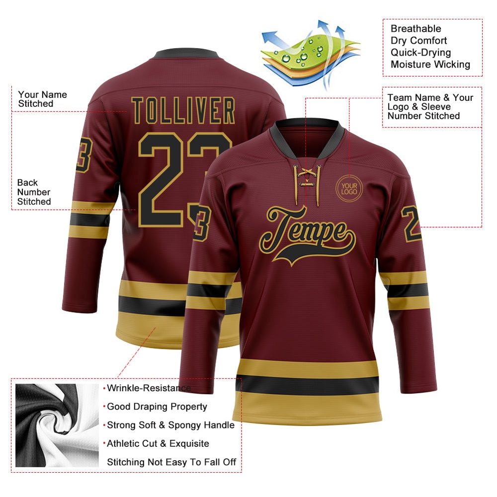 Custom Burgundy Black Old Gold Hockey Lace Neck Jersey, New Hockey Jersey, Personali Sport Team Jersey Shirt