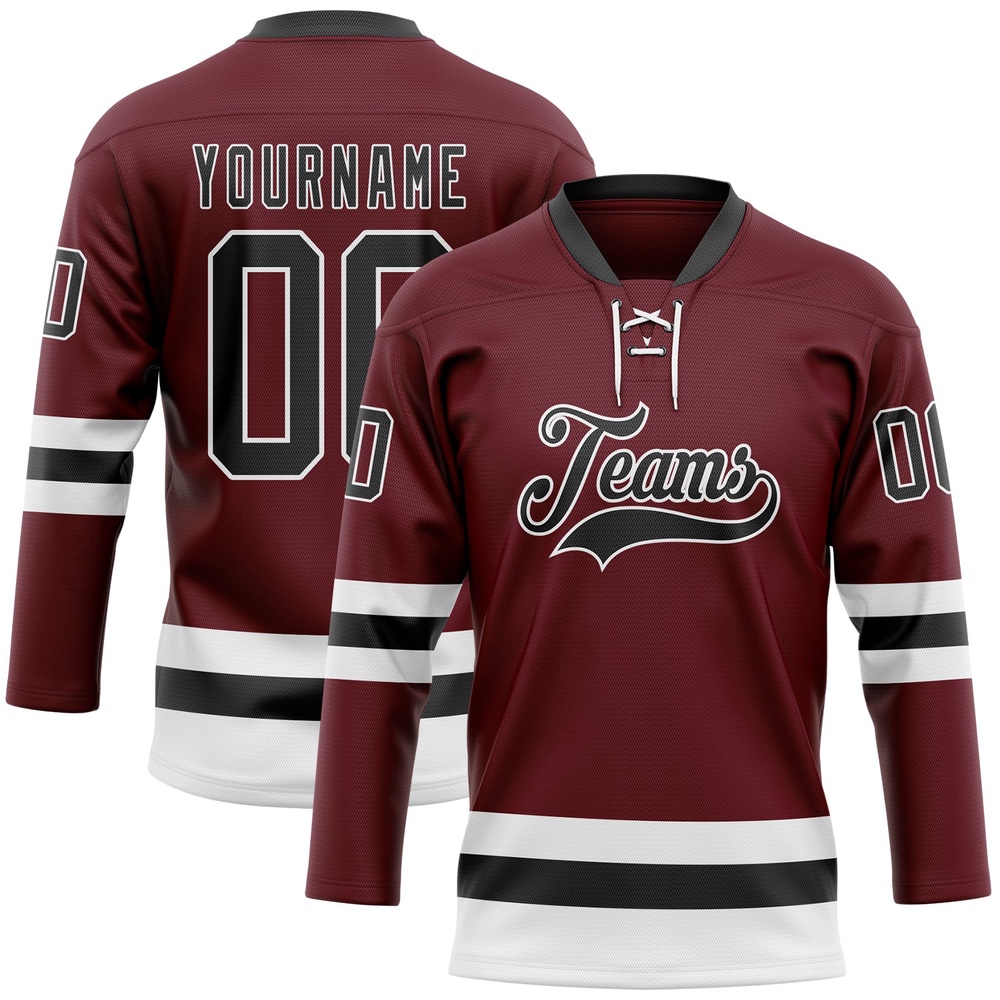 Custom Burgundy Black White Hockey Lace Neck Jersey, New Hockey Jersey, Personali Sport Team Jersey Shirt