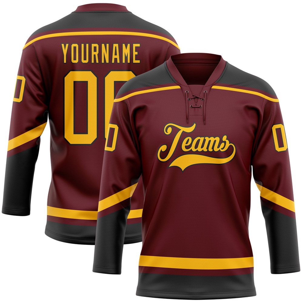 Custom Burgundy Gold Black Hockey Lace Neck Jersey, New Hockey Jersey, Personali Sport Team Jersey Shirt