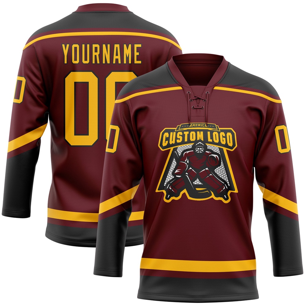 Custom Burgundy Gold Black Hockey Lace Neck Jersey, New Hockey Jersey, Personali Sport Team Jersey Shirt