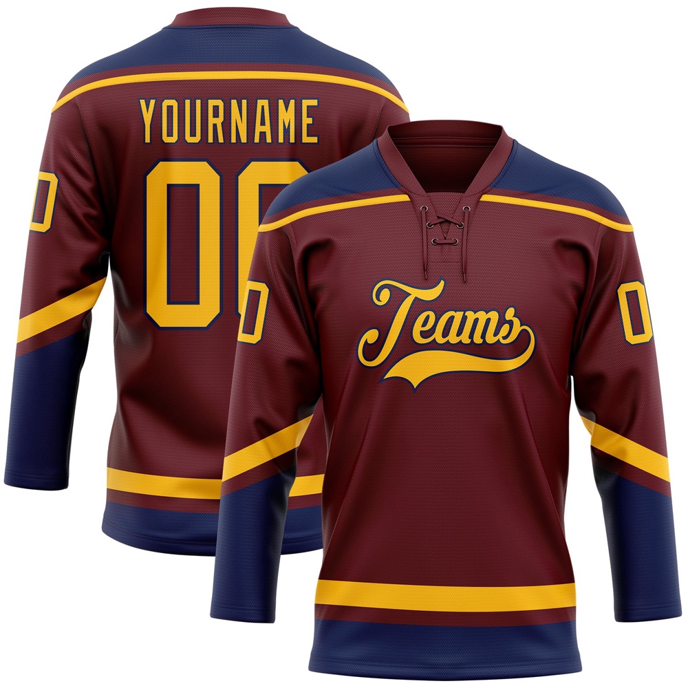 Custom Burgundy Gold Navy Hockey Lace Neck Jersey, New Hockey Jersey, Personali Sport Team Jersey Shirt