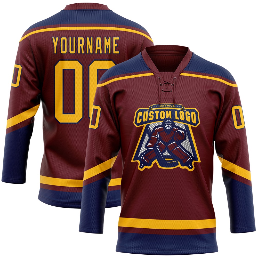 Custom Burgundy Gold Navy Hockey Lace Neck Jersey, New Hockey Jersey, Personali Sport Team Jersey Shirt