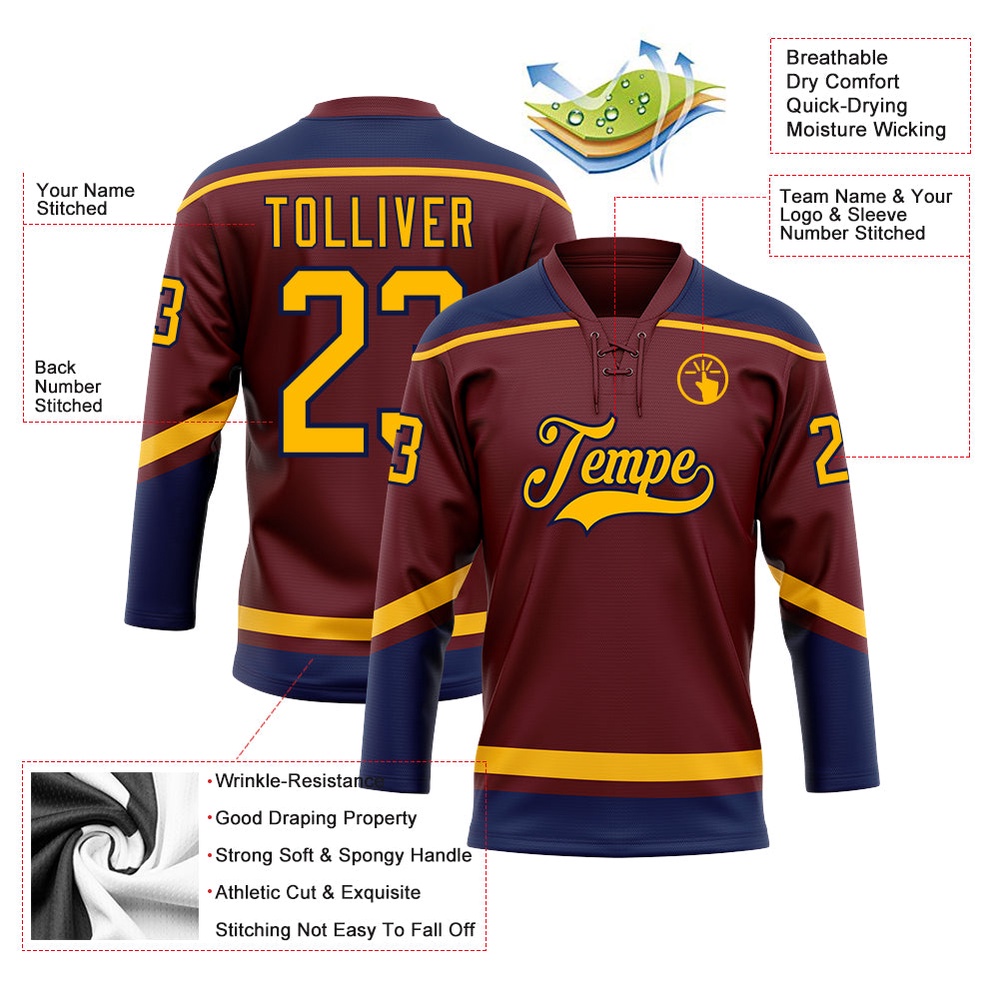 Custom Burgundy Gold Navy Hockey Lace Neck Jersey, New Hockey Jersey, Personali Sport Team Jersey Shirt