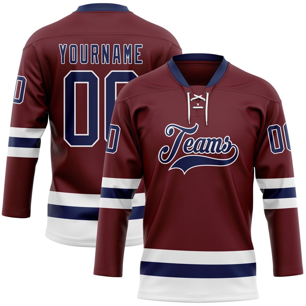Custom Burgundy Navy White Hockey Lace Neck Jersey, New Hockey Jersey, Personali Sport Team Jersey Shirt