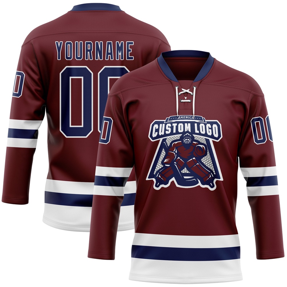 Custom Burgundy Navy White Hockey Lace Neck Jersey, New Hockey Jersey, Personali Sport Team Jersey Shirt