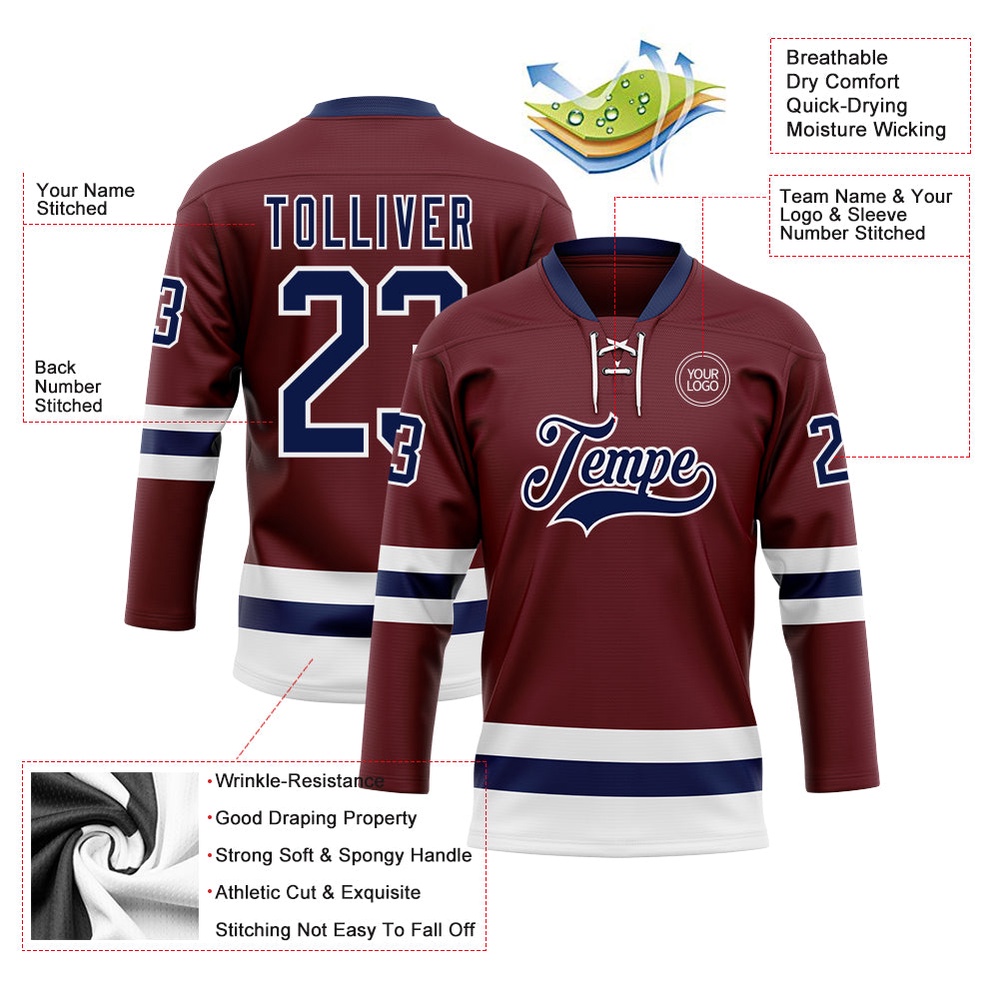 Custom Burgundy Navy White Hockey Lace Neck Jersey, New Hockey Jersey, Personali Sport Team Jersey Shirt