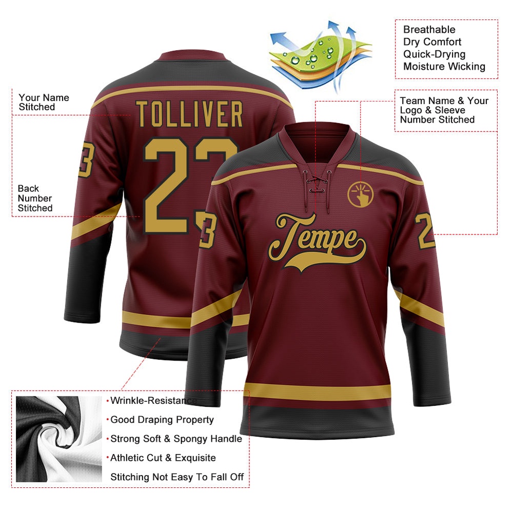 Custom Burgundy Old Gold Black Hockey Lace Neck Jersey, New Hockey Jersey, Personali Sport Team Jersey Shirt