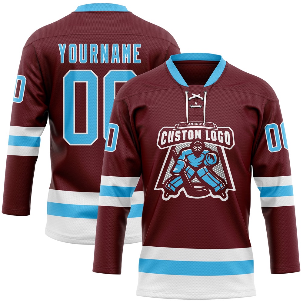 Custom Burgundy Sky Blue White Hockey Lace Neck Jersey, New Hockey Jersey, Personali Sport Team Jersey Shirt
