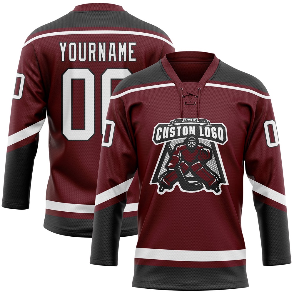 Custom Burgundy White Black Hockey Lace Neck Jersey, New Hockey Jersey, Personali Sport Team Jersey Shirt