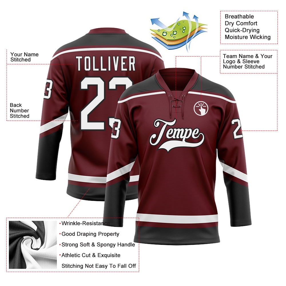 Custom Burgundy White Black Hockey Lace Neck Jersey, New Hockey Jersey, Personali Sport Team Jersey Shirt