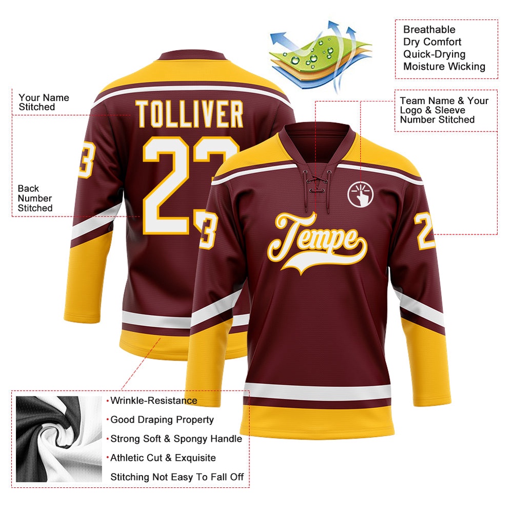 Custom Burgundy White Gold Hockey Lace Neck Jersey, New Hockey Jersey, Personali Sport Team Jersey Shirt