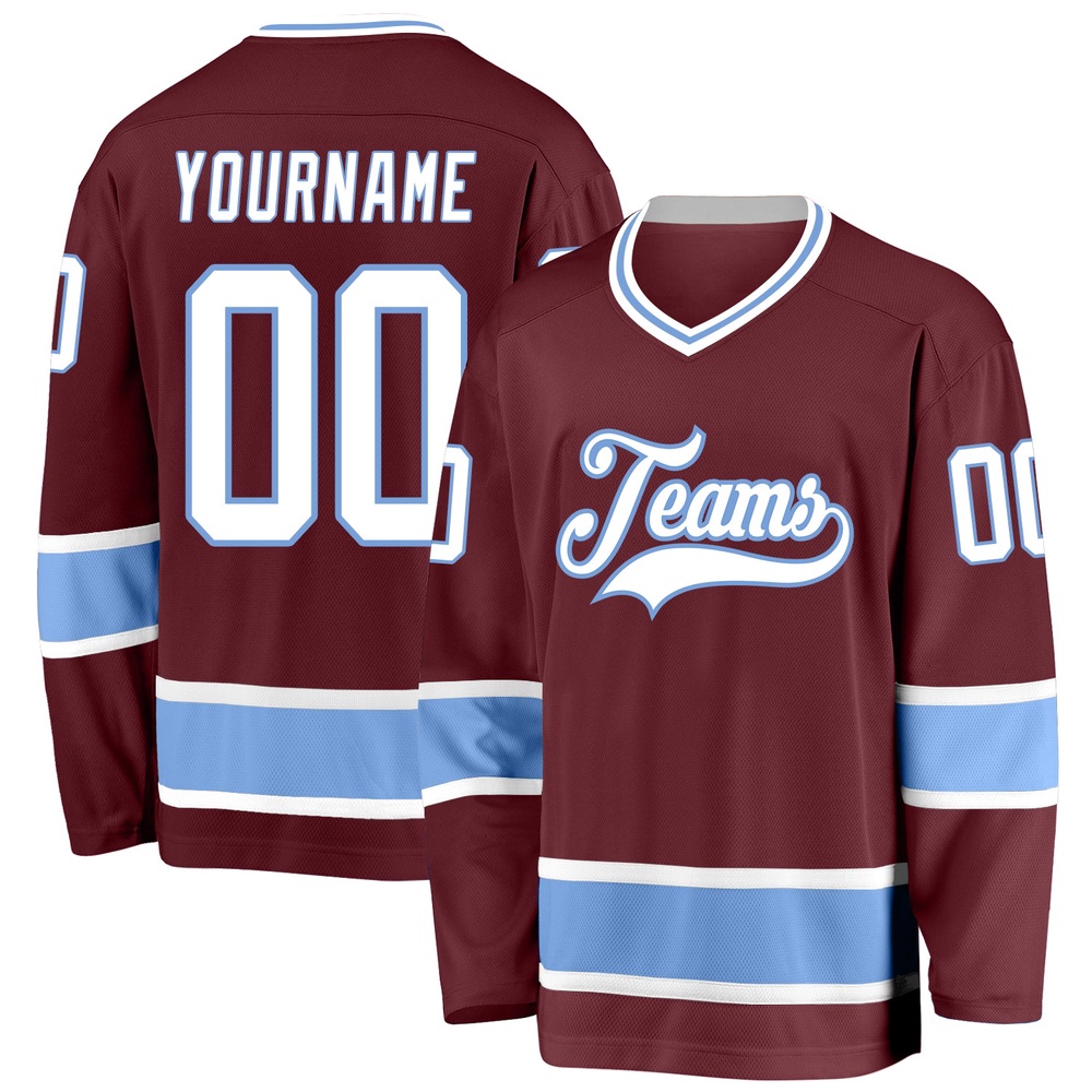 Custom Burgundy White Light Blue Hockey Jersey, New Hockey Jersey, Personali Sport Team Jersey Shirt Custom Burgundy White Light Blue Hockey Jersey, New Hockey Jersey, Personali Sport Team Jersey Shirt