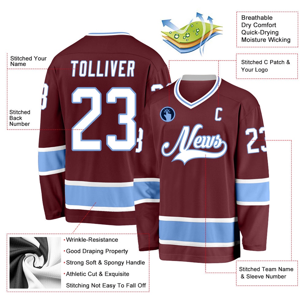 Custom Burgundy White Light Blue Hockey Jersey, New Hockey Jersey, Personali Sport Team Jersey Shirt Custom Burgundy White Light Blue Hockey Jersey, New Hockey Jersey, Personali Sport Team Jersey Shirt