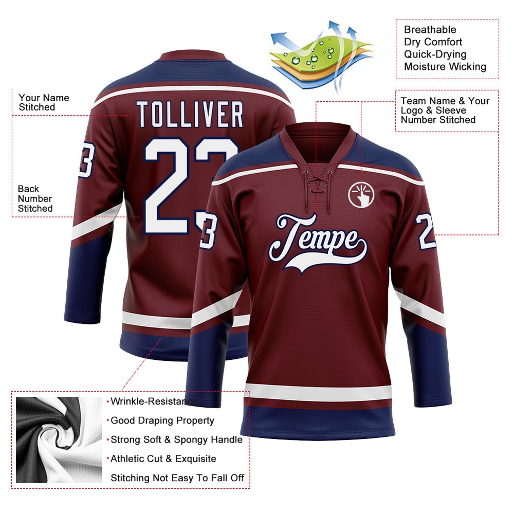 Custom Burgundy White Navy Hockey Lace Neck Jersey, New Hockey Jersey, Personali Sport Team Jersey Shirt