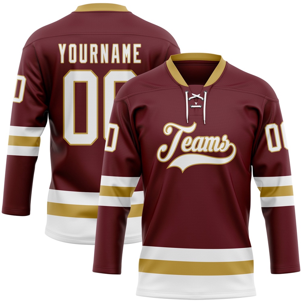 Custom Burgundy White Old Gold Hockey Lace Neck Jersey, New Hockey Jersey, Personali Sport Team Jersey Shirt