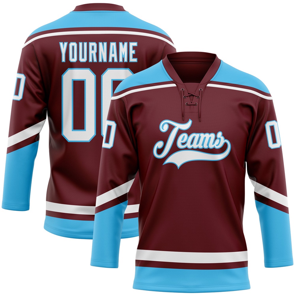 Custom Burgundy White Sky Blue Hockey Lace Neck Jersey, New Hockey Jersey, Personali Sport Team Jersey Shirt