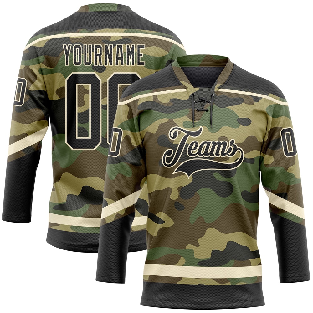 Custom Camo Black Cream Salute To Service Hockey Lace Neck Jersey, New Hockey Jersey, Personali Sport Team Jersey Shirt