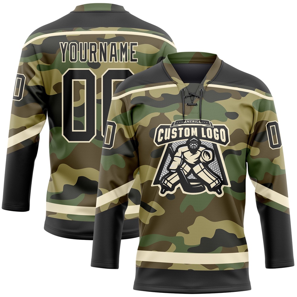 Custom Camo Black Cream Salute To Service Hockey Lace Neck Jersey, New Hockey Jersey, Personali Sport Team Jersey Shirt