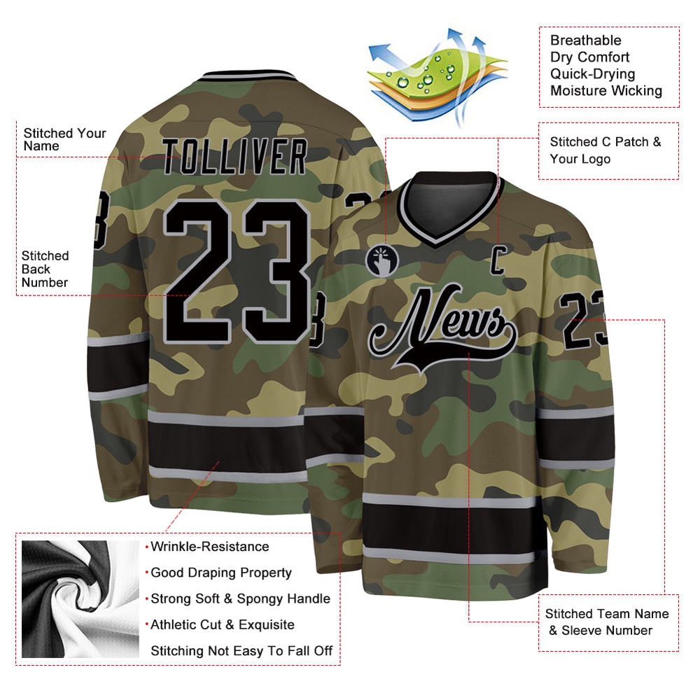 Custom Camo Black Gray Salute To Service Hockey Jersey, New Hockey Jersey, Personali Sport Team Jersey Shirt