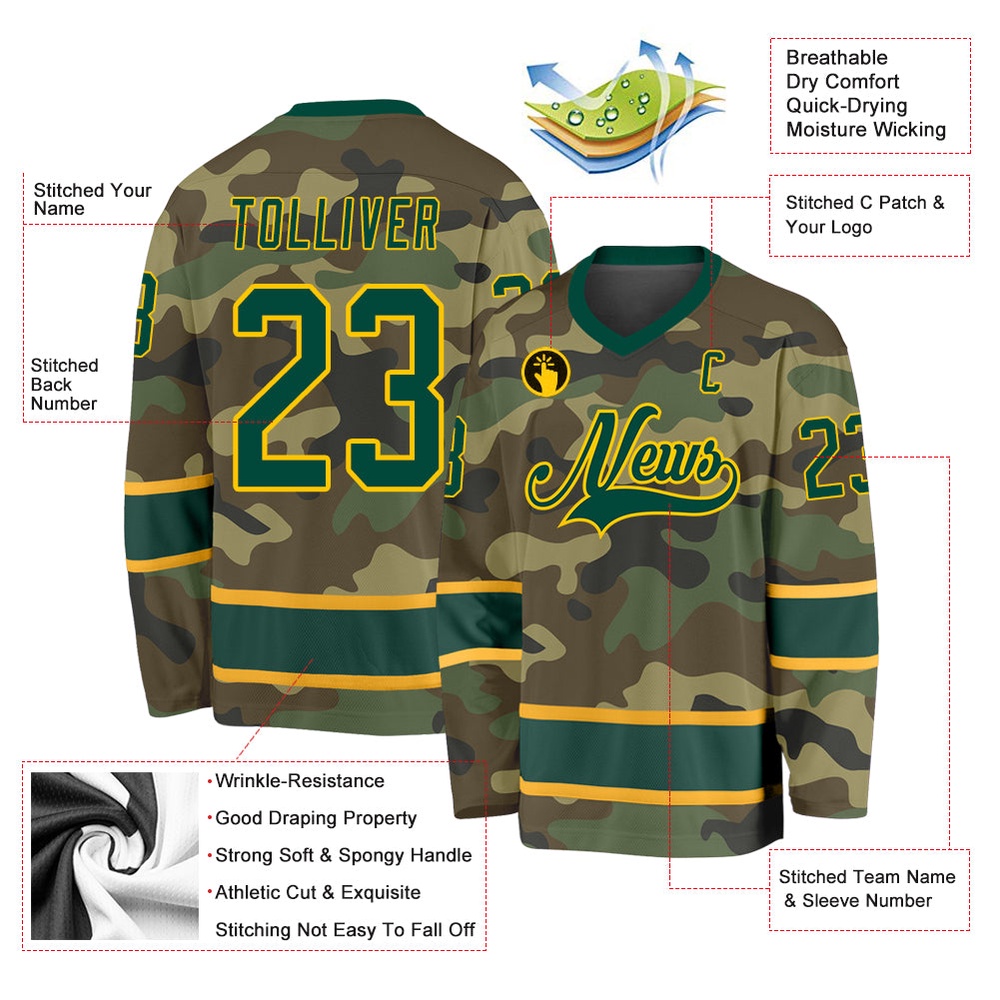 Custom Camo Green Gold Salute To Service Hockey Jersey, New Hockey Jersey, Personali Sport Team Jersey Shirt
