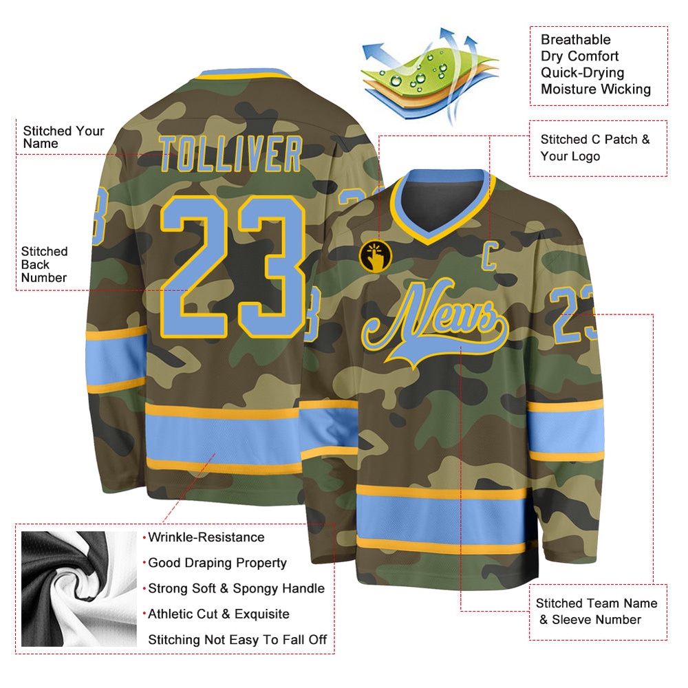 Custom Camo Light Blue Gold Salute To Service Hockey Jersey, New Hockey Jersey, Personali Sport Team Jersey Shirt