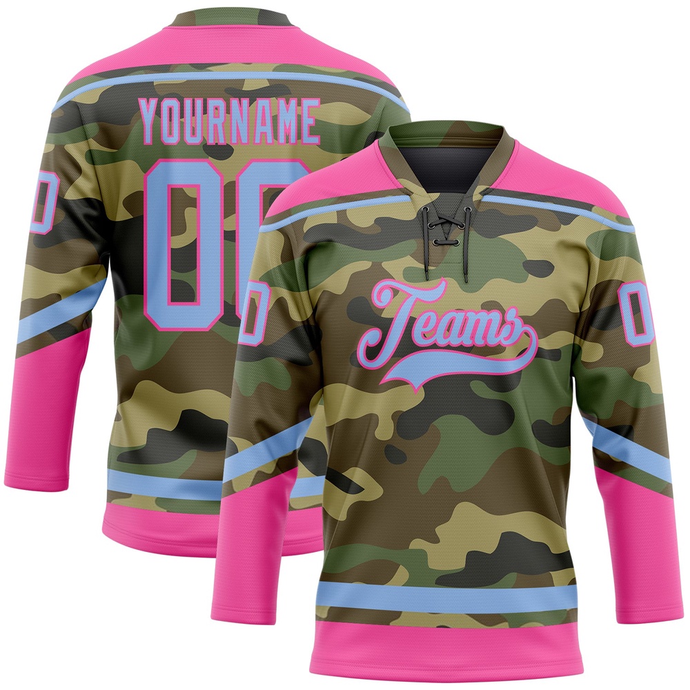 Custom Camo Light Blue Pink Salute To Service Hockey Lace Neck Jersey, New Hockey Jersey, Personali Sport Team Jersey Shirt