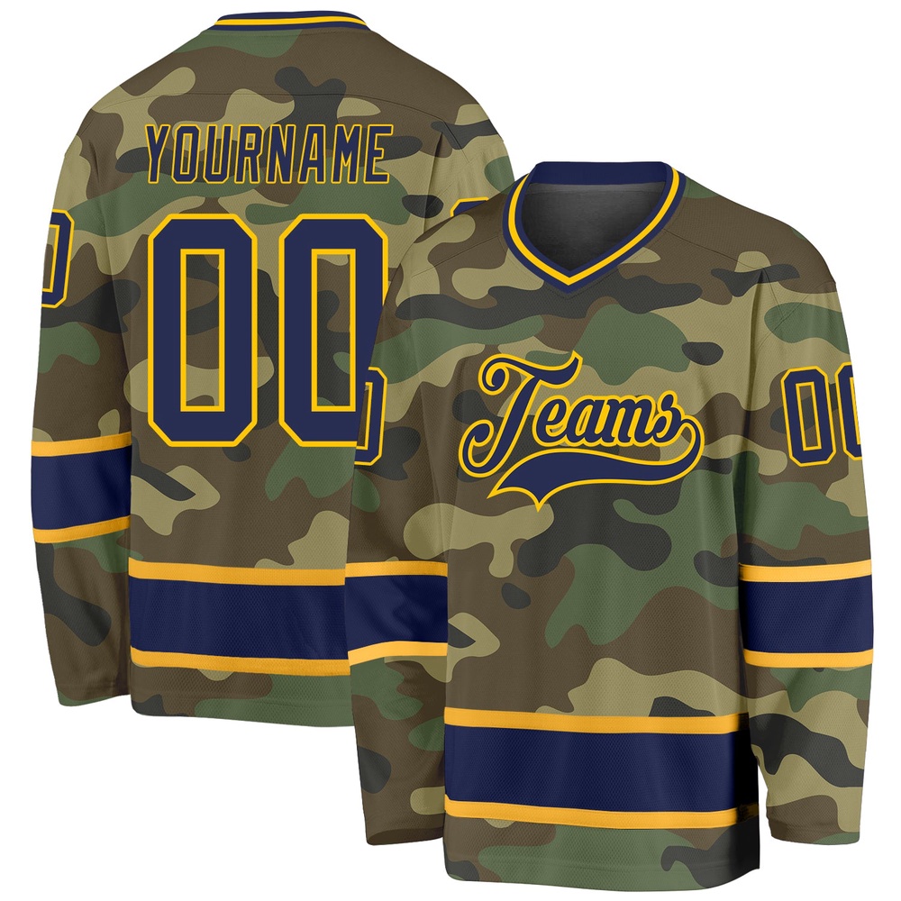 Custom Camo Navy Gold Salute To Service Hockey Jersey, New Hockey Jersey, Personali Sport Team Jersey Shirt