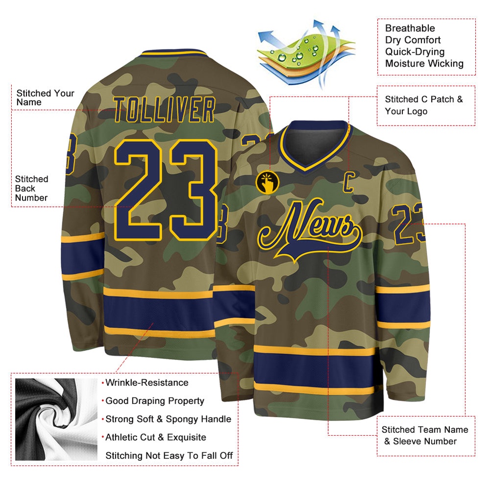 Custom Camo Navy Gold Salute To Service Hockey Jersey, New Hockey Jersey, Personali Sport Team Jersey Shirt