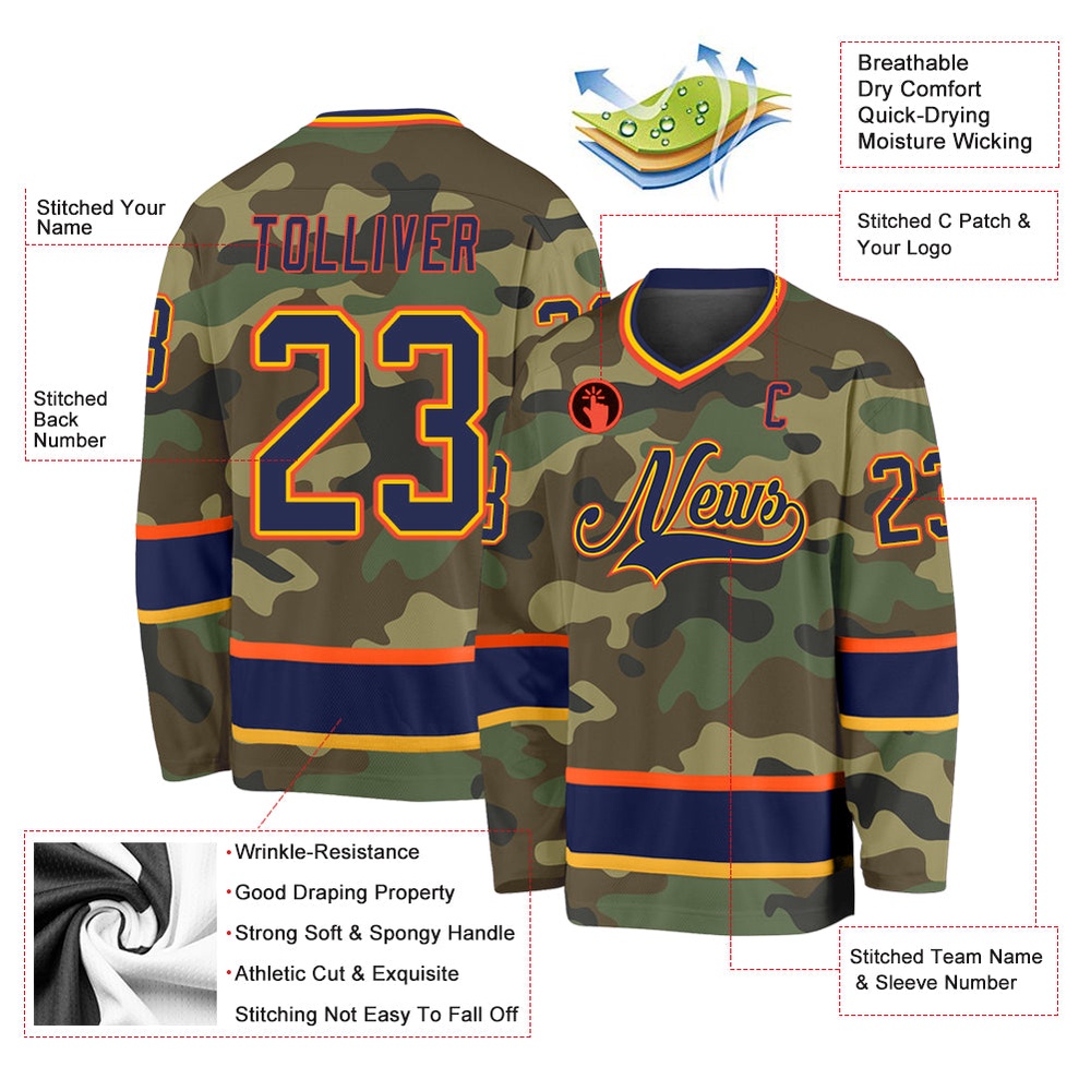 Custom Camo Navy Orange Salute To Service Hockey Jersey, New Hockey Jersey, Personali Sport Team Jersey Shirt