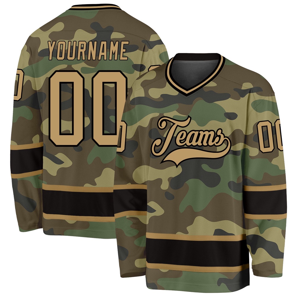 Custom Camo Old Gold Black Salute To Service Hockey Jersey, New Hockey Jersey, Personali Sport Team Jersey Shirt