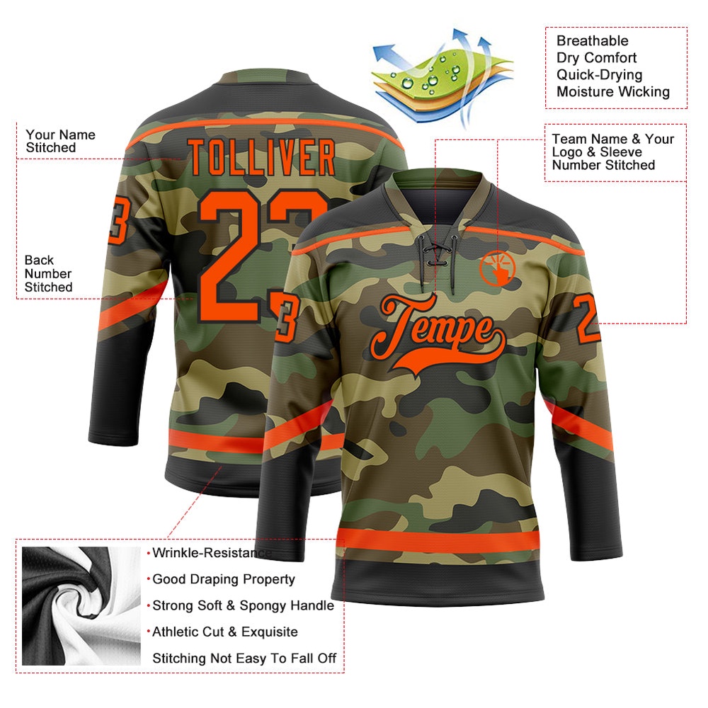 Custom Camo Orange Black Salute To Service Hockey Lace Neck Jersey, New Hockey Jersey, Personali Sport Team Jersey Shirt