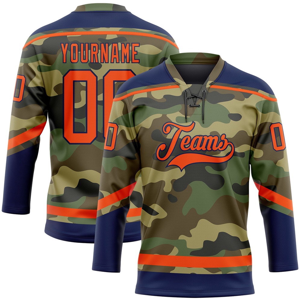 Custom Camo Orange Navy Salute To Service Hockey Lace Neck Jersey, New Hockey Jersey, Personali Sport Team Jersey Shirt