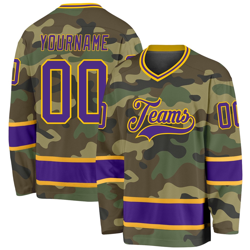 Custom Camo Purple Gold Salute To Service Hockey Jersey, New Hockey Jersey, Personali Sport Team Jersey Shirt