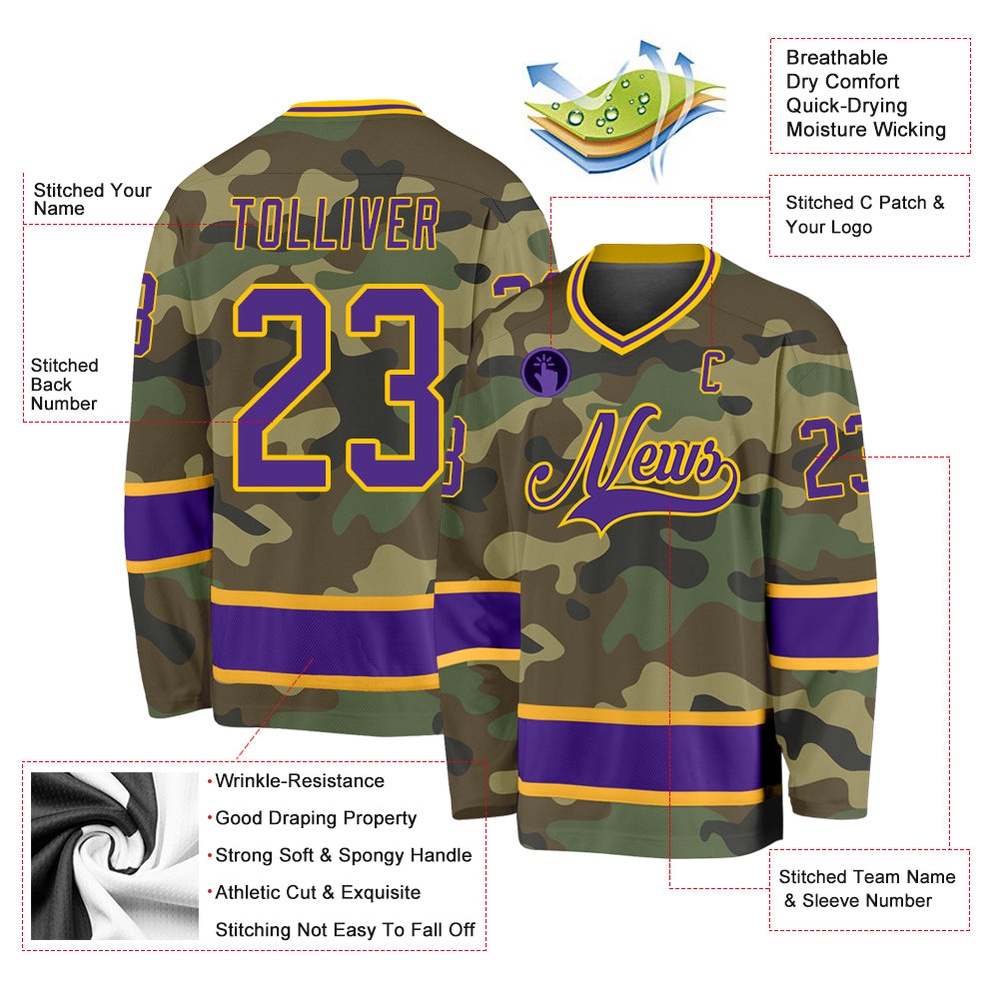 Custom Camo Purple Gold Salute To Service Hockey Jersey, New Hockey Jersey, Personali Sport Team Jersey Shirt