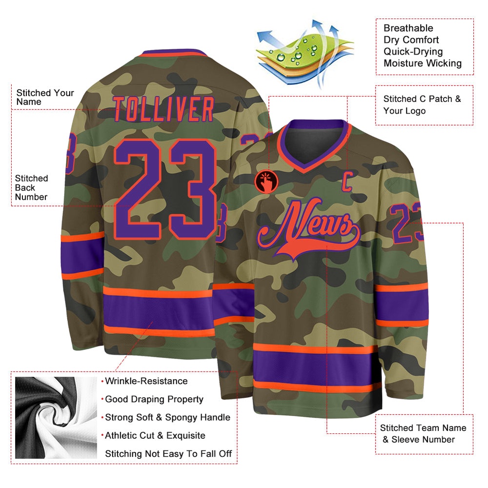Custom Camo Purple Orange Salute To Service Hockey Jersey, New Hockey Jersey, Personali Sport Team Jersey Shirt