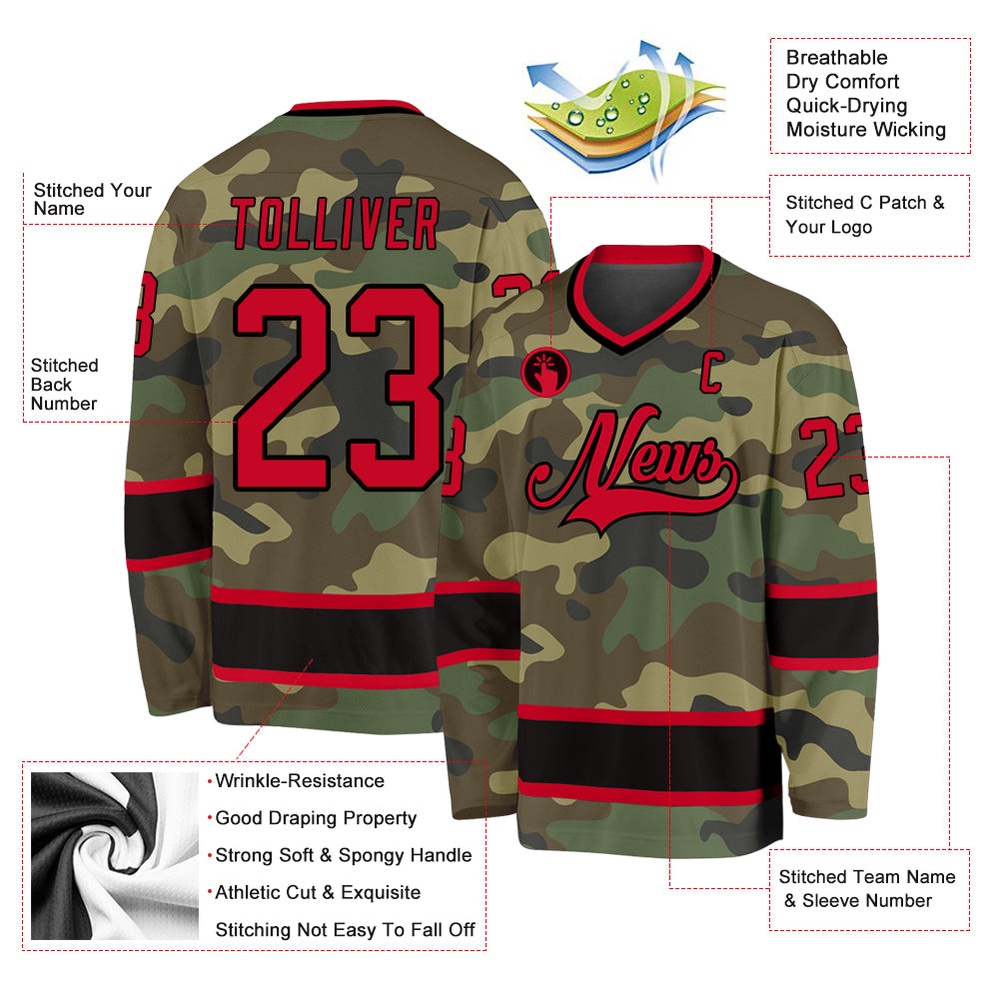 Custom Camo Red Black Salute To Service Hockey Jersey, New Hockey Jersey, Personali Sport Team Jersey Shirt