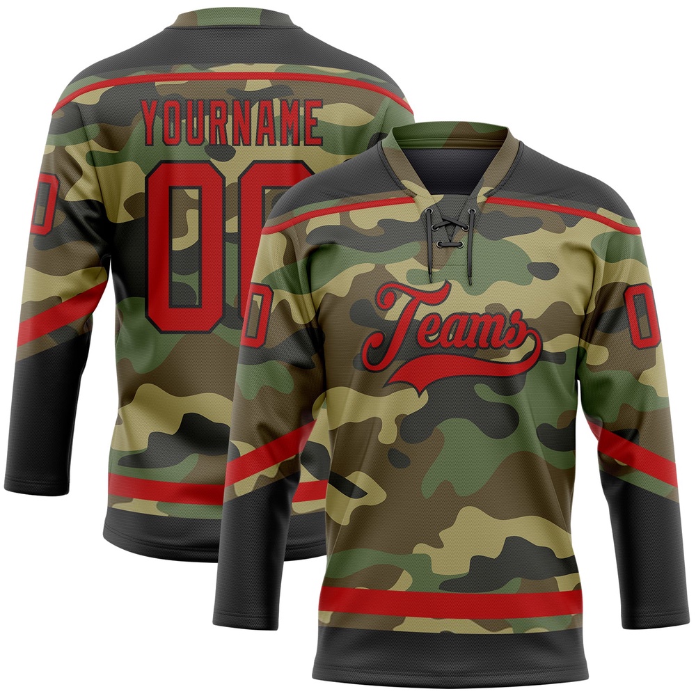 Custom Camo Red Black Salute To Service Hockey Lace Neck Jersey, New Hockey Jersey, Personali Sport Team Jersey Shirt